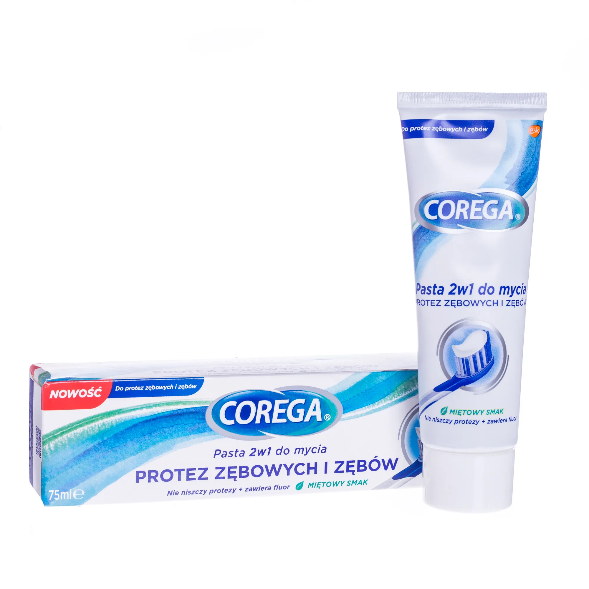Corega, pasta 2w1 do mycia protez zębowych i zębów, 75 ml