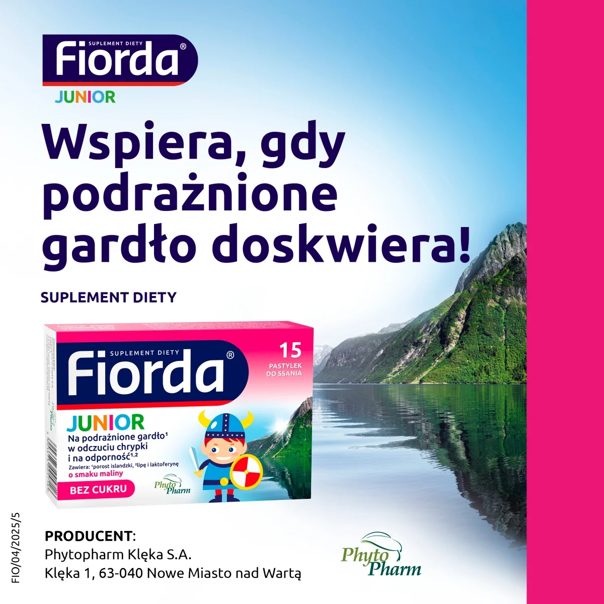 Fiorda Junior pastylki do ssania o smaku malinowym, 15 sztuk