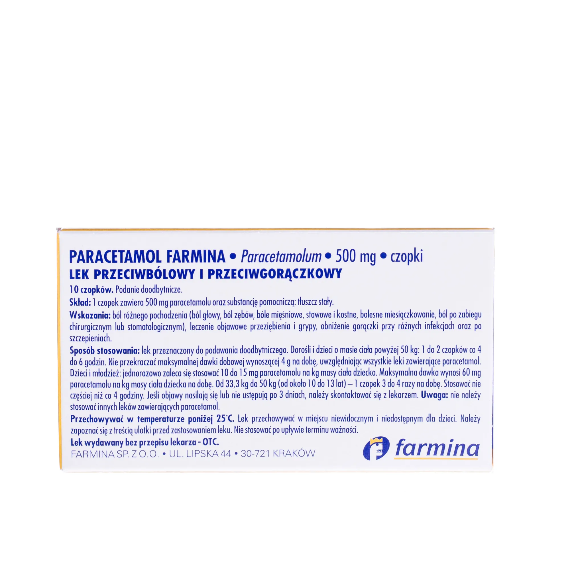 Paracetamol Farmina, 500 mg, lek przeciwbólowy, 10 czopków 