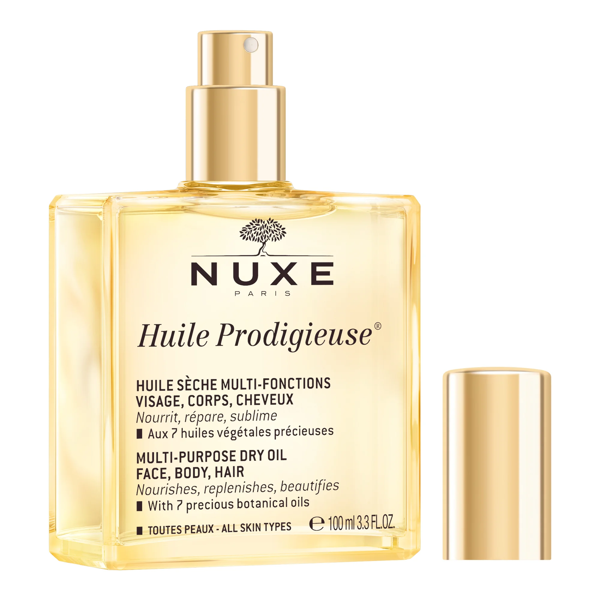 Nuxe Huile Prodigieuse suchy olejek pielęgnacyjny, 100 ml + suchy olejek pielęgnacyjny ze złotymi drobinkami, 8 ml