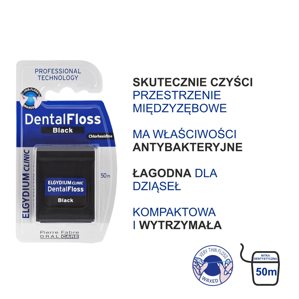 Elgydium Clinic czarna nić dentystyczna, 50 m