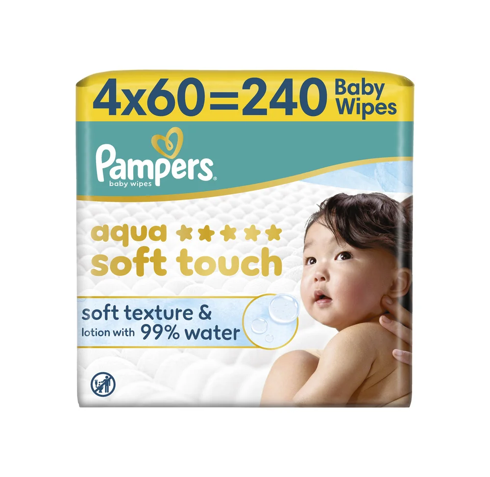 Pampers Aqua Soft Touch chusteczki nawilżane dla dzieci, 4 x 60 sztuk