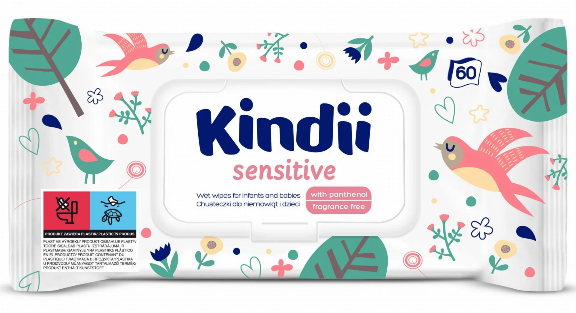 Kindii Sensitive chusteczki dla niemowląt i dzieci, 60 szt.
