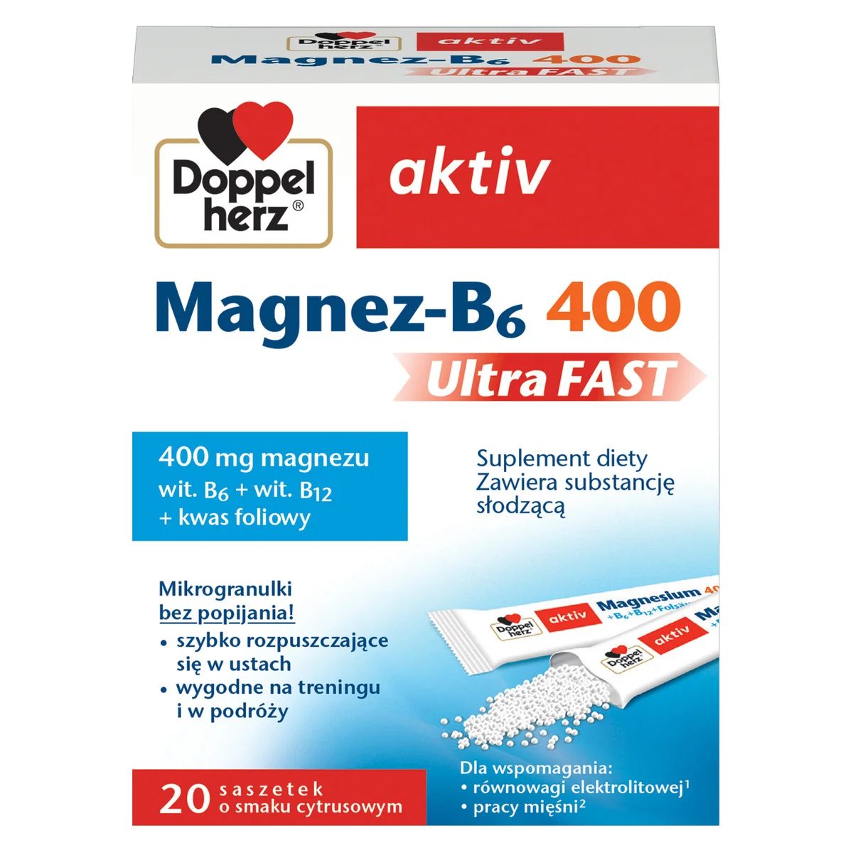 Doppelherz Aktiv Magnez-B6 UltraFast 20 saszetek o smaku cytrynowym