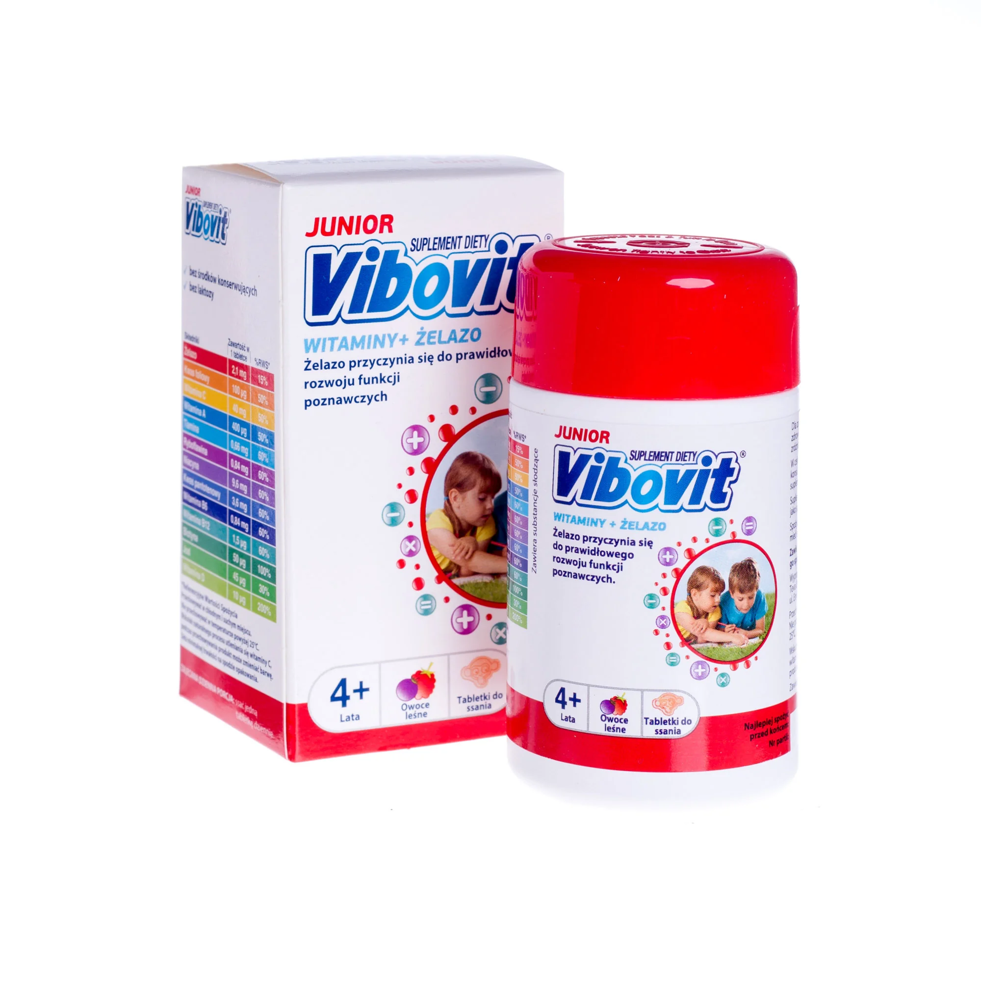 Vibovit Junior Witaminy + żelazo 30 tabletek do ssania dla dzieci, smak owoców leśnych