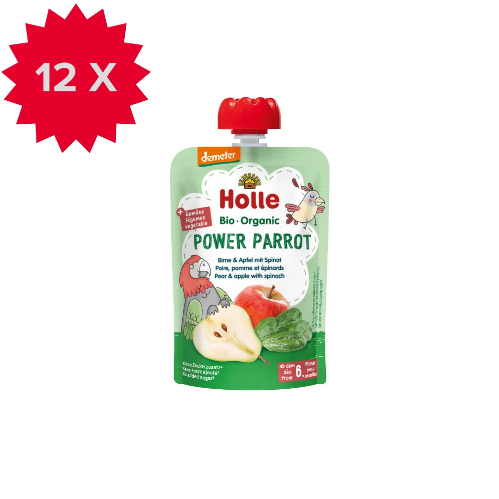 Holle BIO Demeter mus owocowo-warzywny z gruszką jabłkiem i szpinakiem Moc Papugi, 12 x 100 g