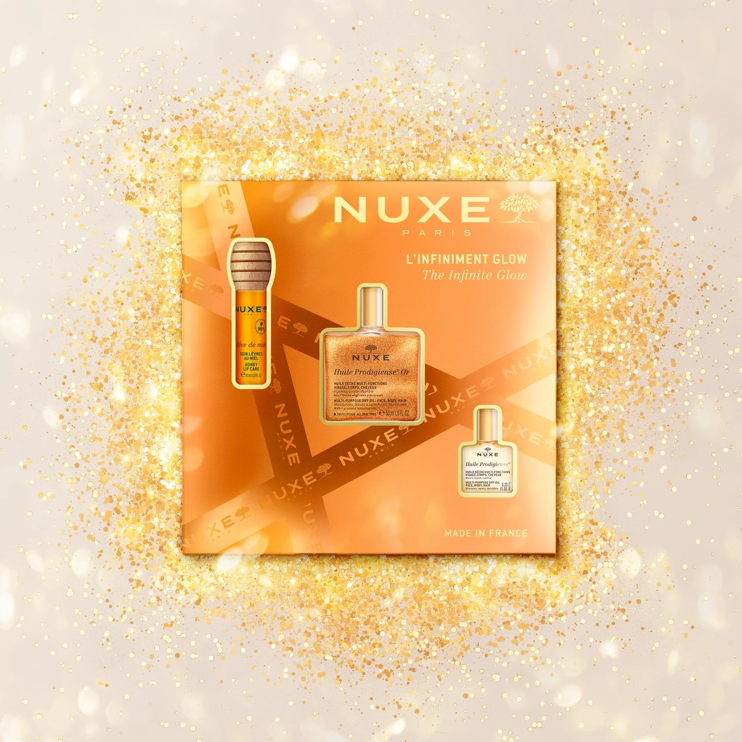 Nuxe zestaw The Infinite Glow Huile Prodigieuse® Or, 50 ml + Huile Prodigieuse®, 10 ml + Rêve de Miel® olejek do ust, 10 ml