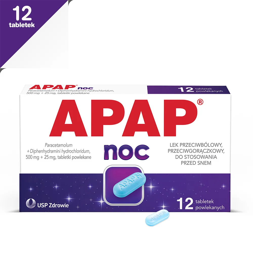 Apap Noc, 500 mg + 25 mg, 12 tabletek powlekanych