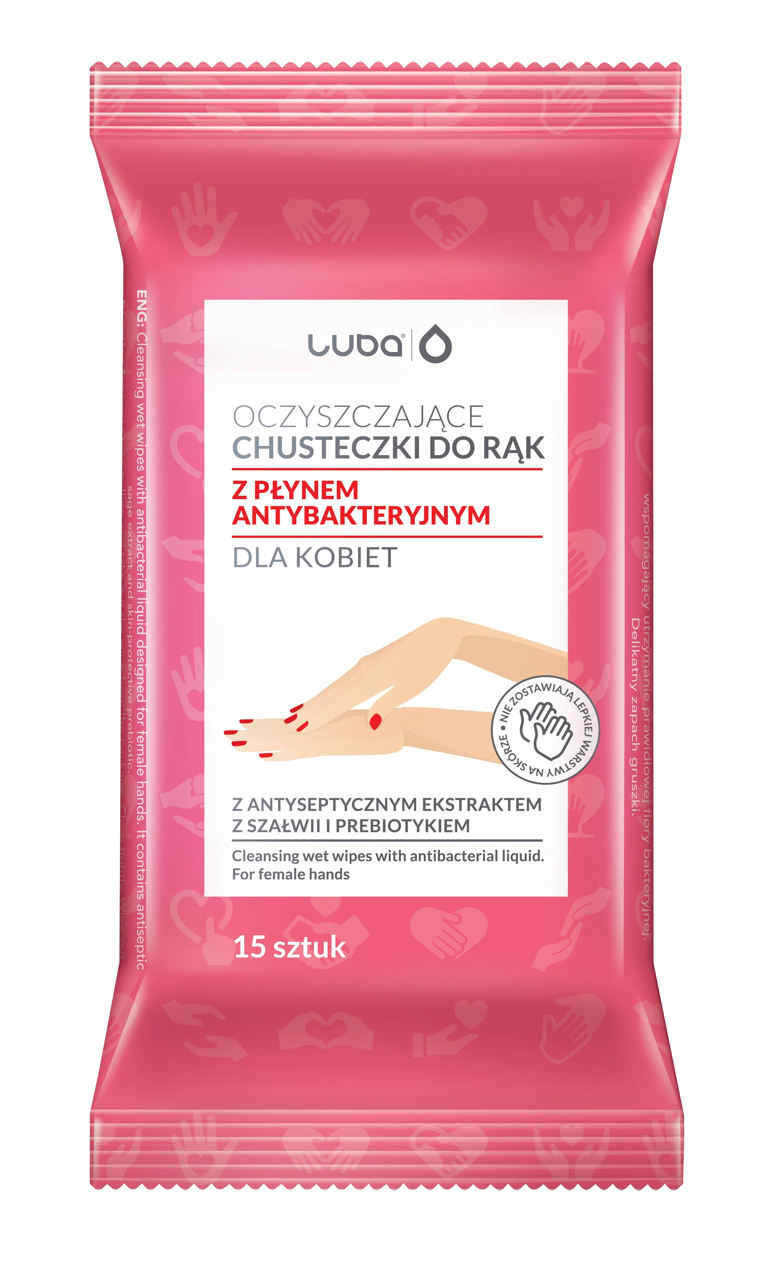 Luba, oczyszczające chusteczki do rąk dla kobiet z płynem antybakteryjnym, 15 sztuk z płynem antybakteryjnym dla kobiet, 15 sztuk