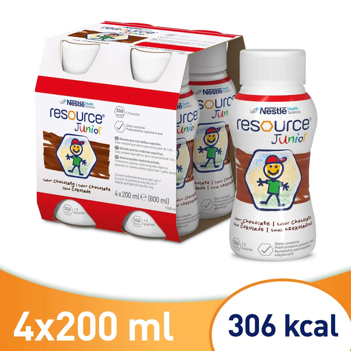 Resource Junior odżywczy preparat w płynie dla dzieci po 1. roku życia o smaku czekoladowym, 4 x 200 ml