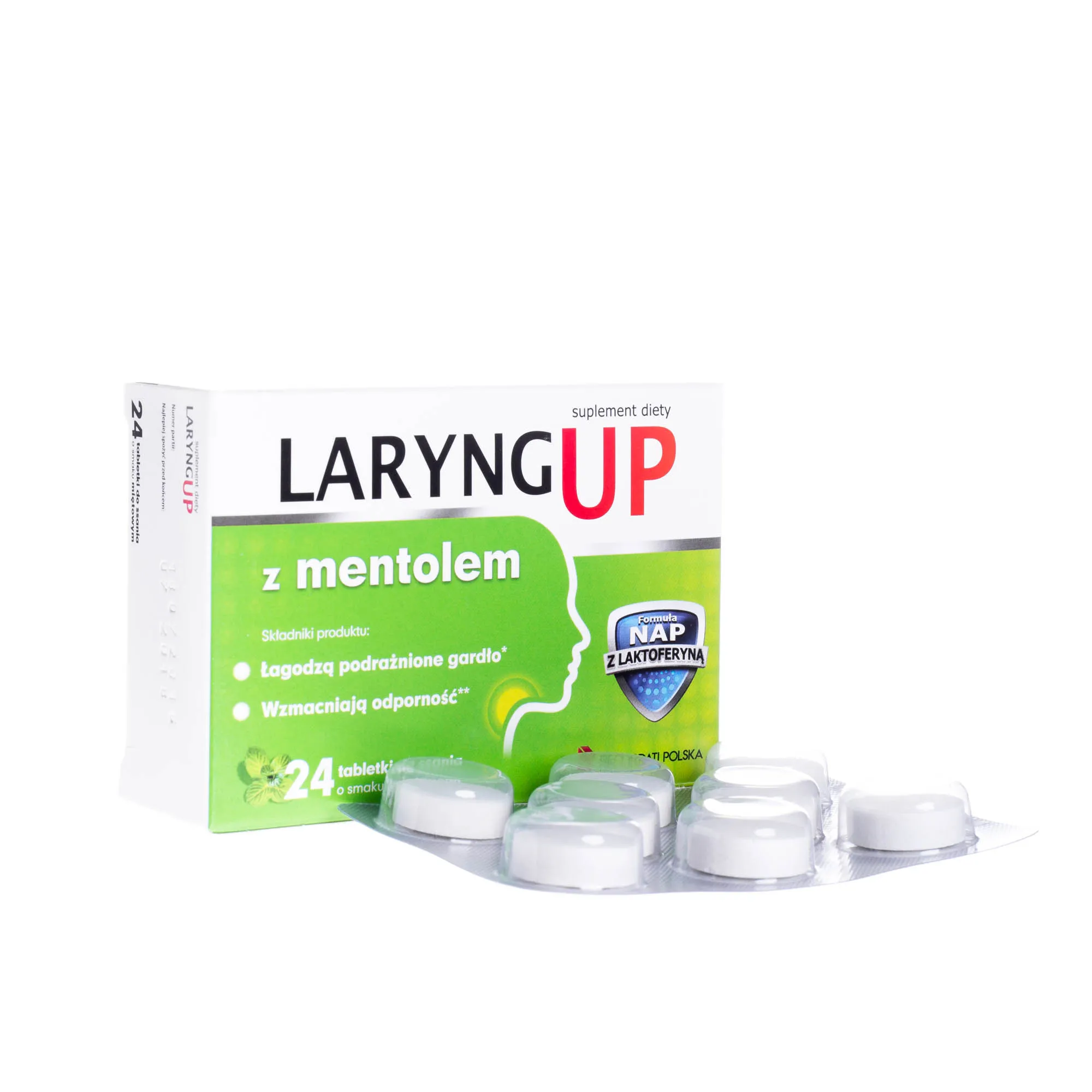 LaryngUP suplement diety z mentolem, 24 tabletki do ssania o smaku miętowym 