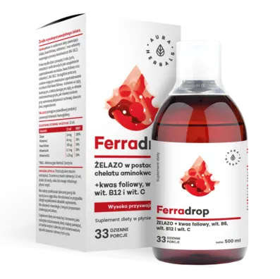 Aura Herbals, Ferradrop, suplement diety, żelazo, kwas foliowy, płyn, 500 ml