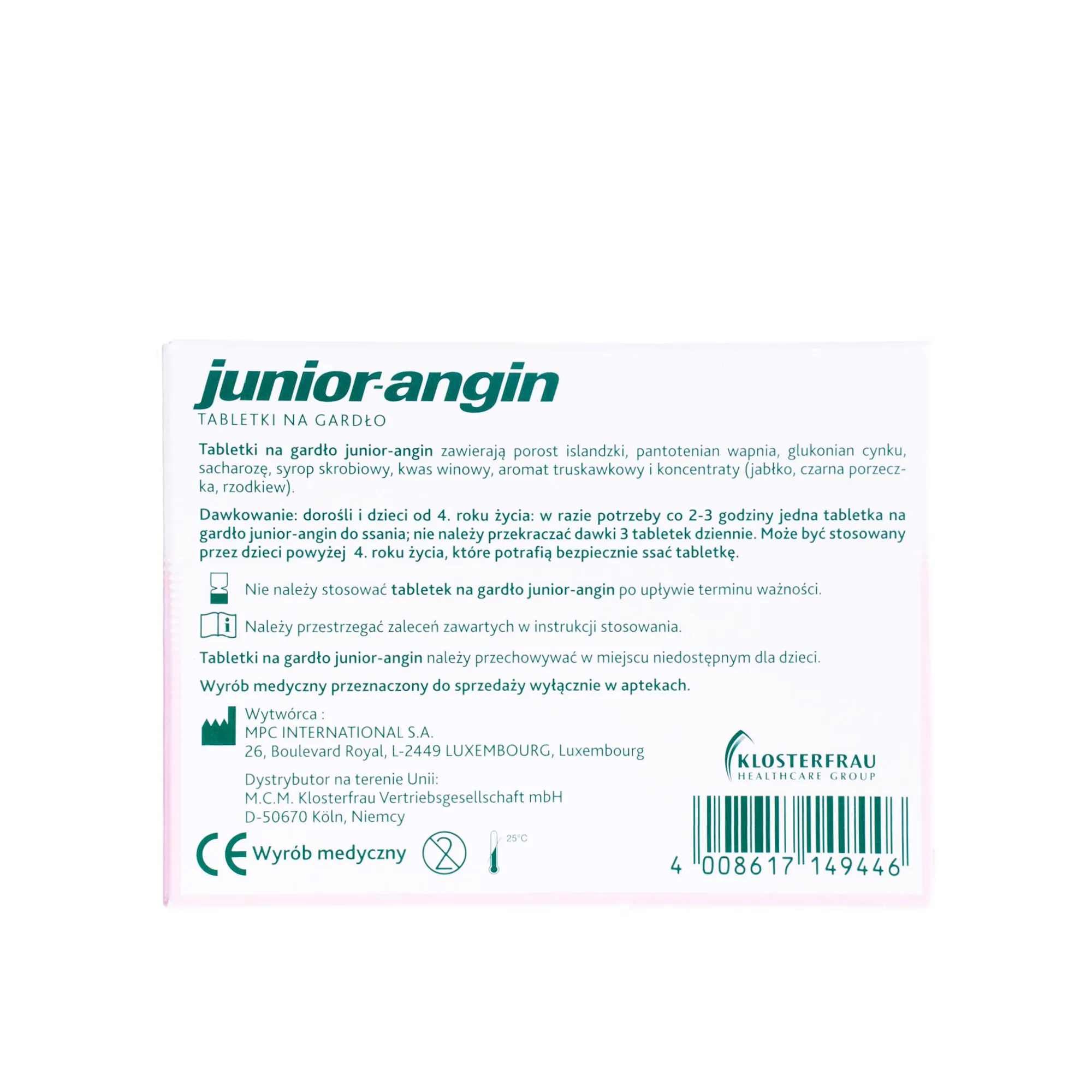 Junior-Angin - tabletki na gardło o smaku truskawkowym dla dzieci, 24 szt. 