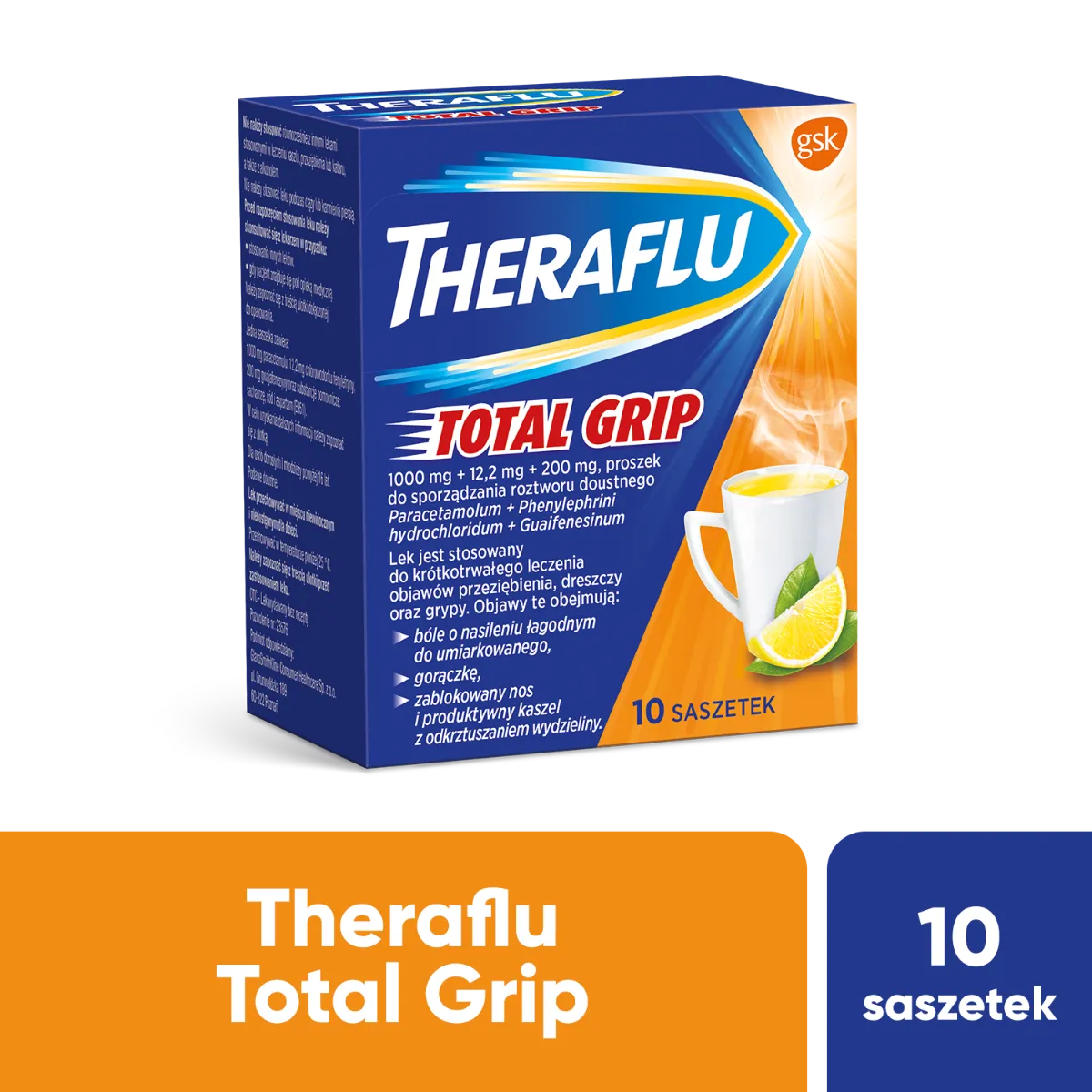 Theraflu Total Grip, 1000 mg + 12,2 mg + 200 mg, 10 saszetek 