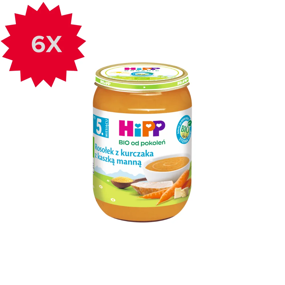 HiPP BIO od pokoleń rosołek z kurczaka z kaszką manną po 5. miesiącu, 6 x 190 g