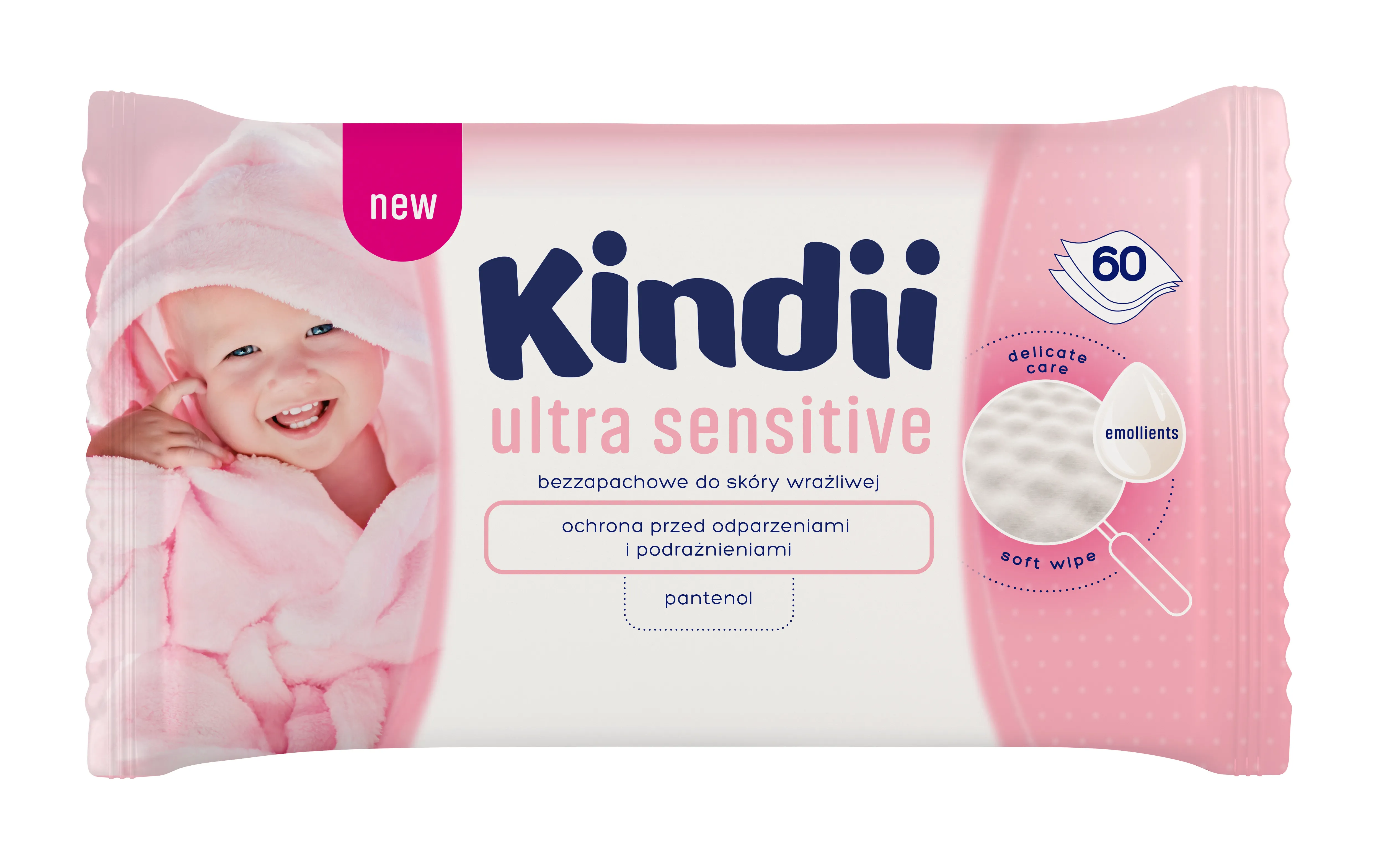 Kindii Ultra Sensitive, bezzapachowe chusteczki dla dzieci do skóry wrazliwej, 60 szt