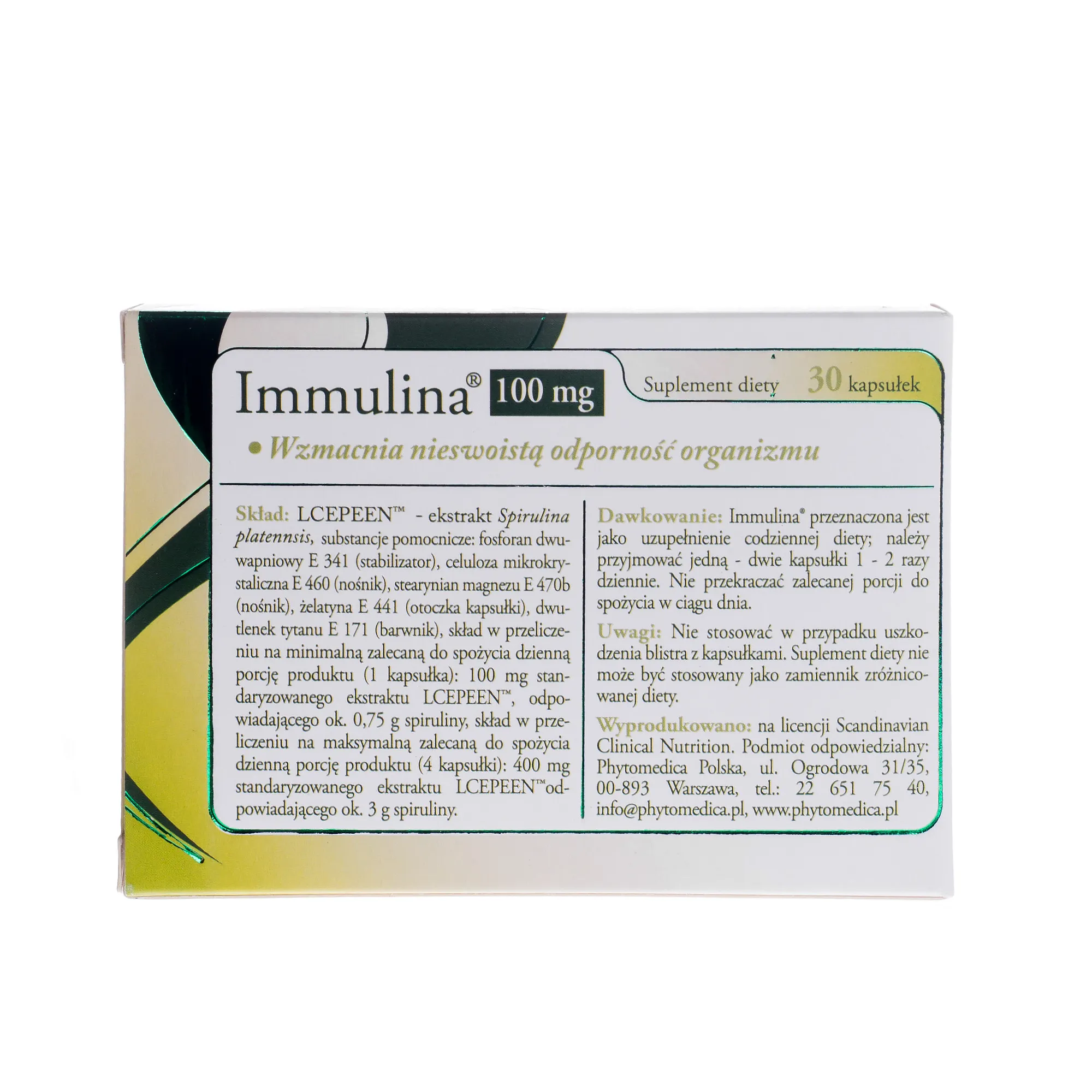 Immulina 100 mg, wzmacnia odporność organizmu, 30 kapsułek 