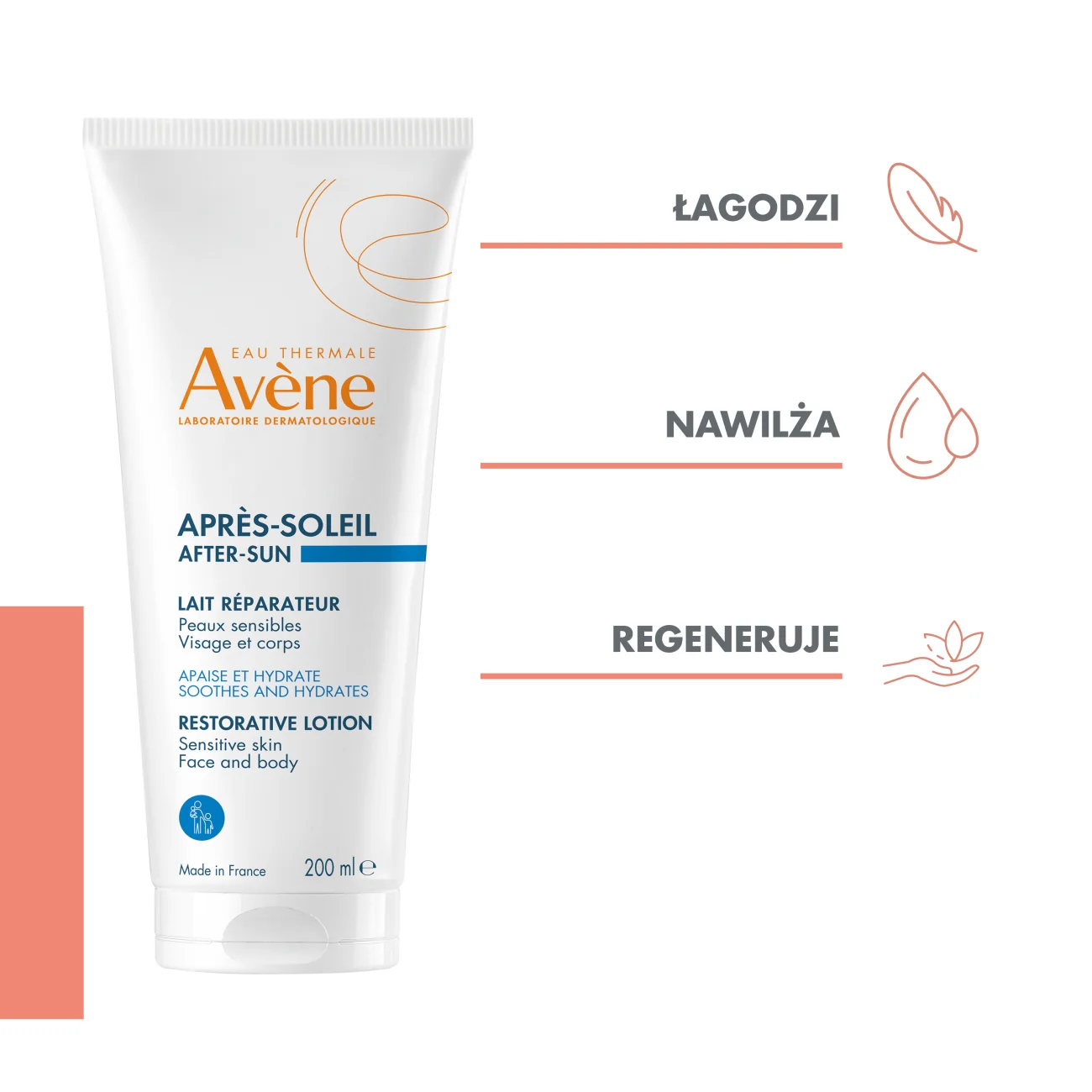 Avène Eau Thermale Regenerujący balsam po opalaniu z wodą termalną Avène, 200 ml regenerujący balsam po opalaniu do twarzy i ciała, 200 ml