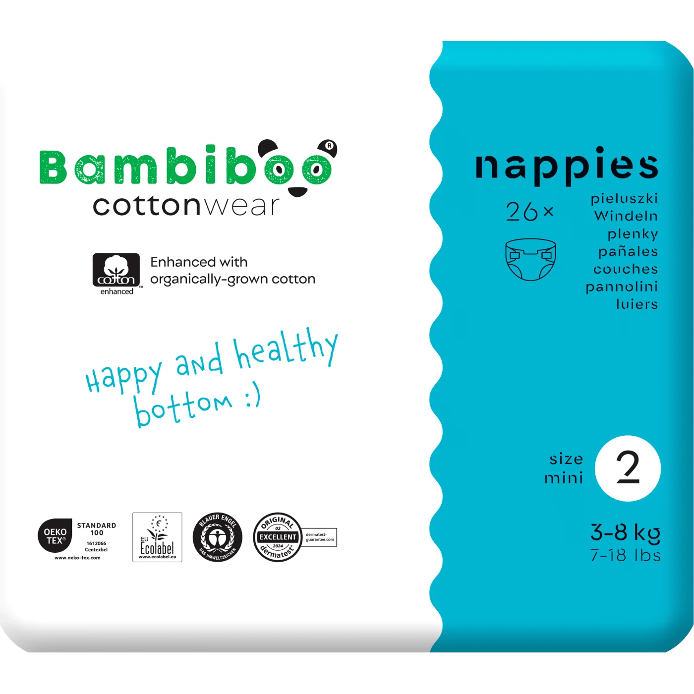 Bambiboo COTTONWEAR jednorazowe pieluszki z bawełną organiczną i wycięciem na pępek rozmiar 2, 26 szt.