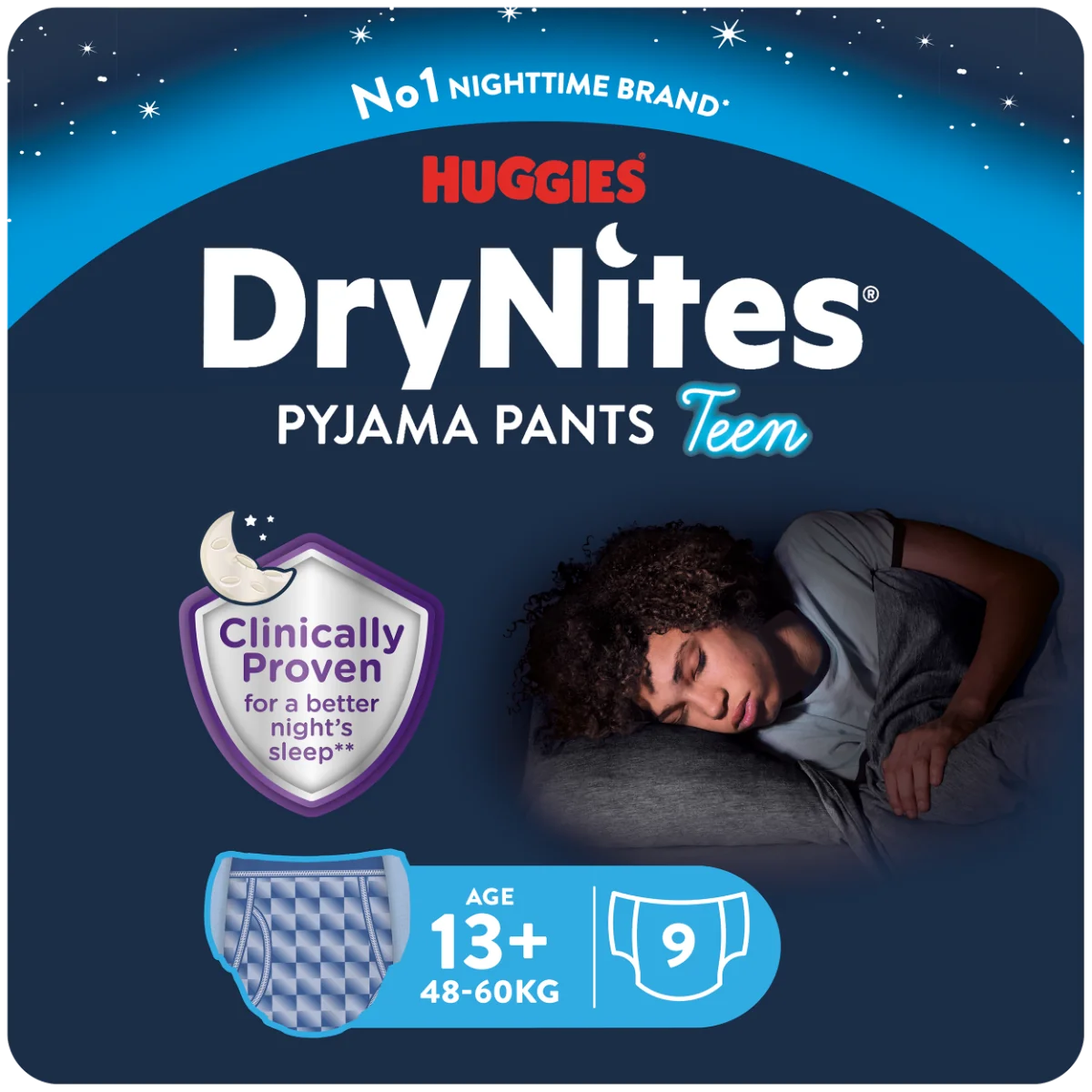 Huggies DryNites Boys Teen majtki na noc dla chłopców, 13+, 48-60 kg, 9 sztuk