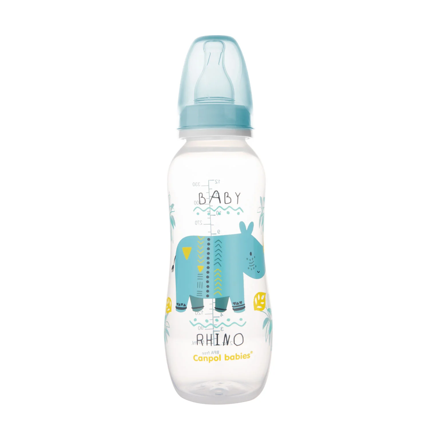 Canpol Babies Africa Baby Rhino turkusowa wąska butelka 330 ml, 1 sztuka