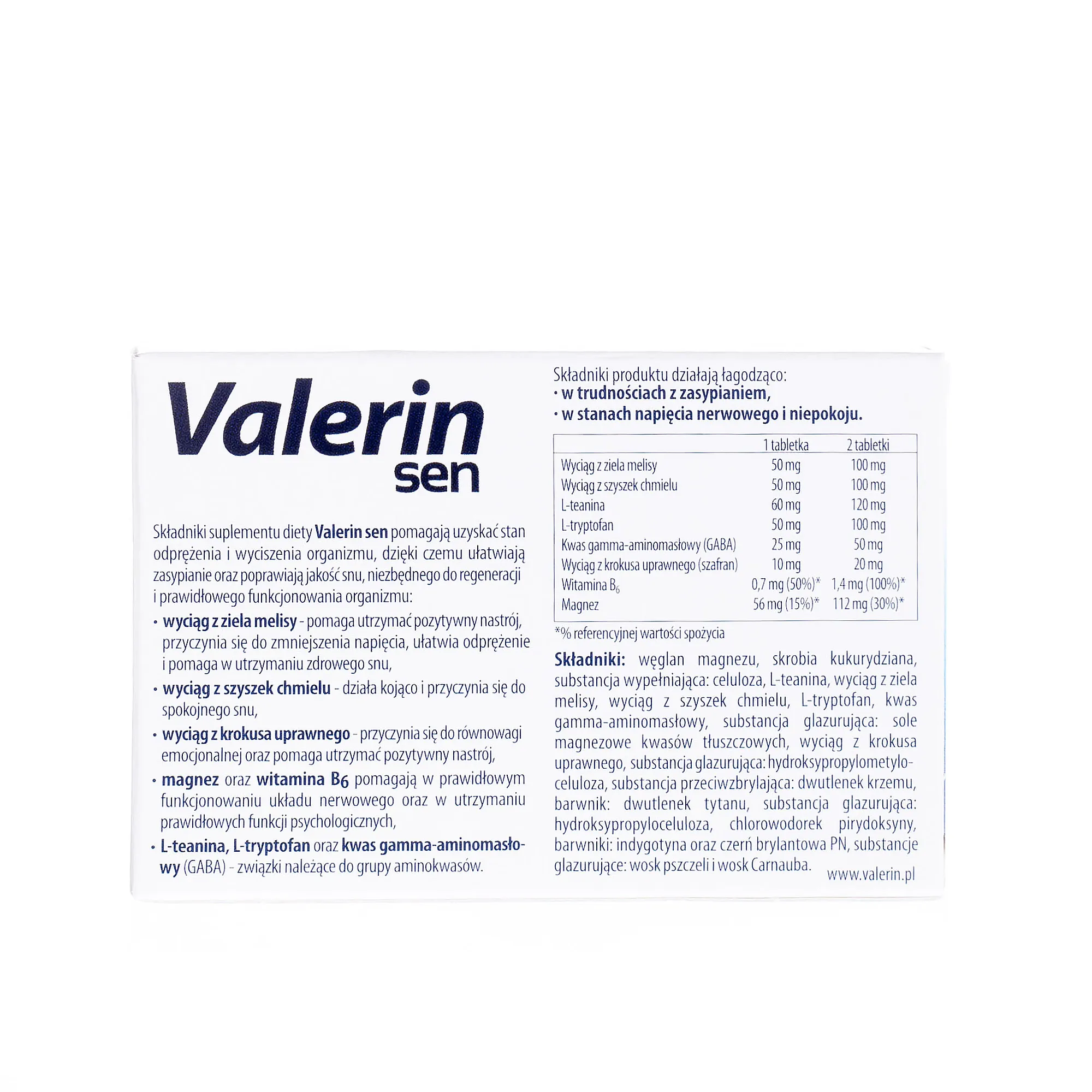 Valerin Sen, suplement diety stosowany w trudnościach z zasypianiem, 20 tabletek 