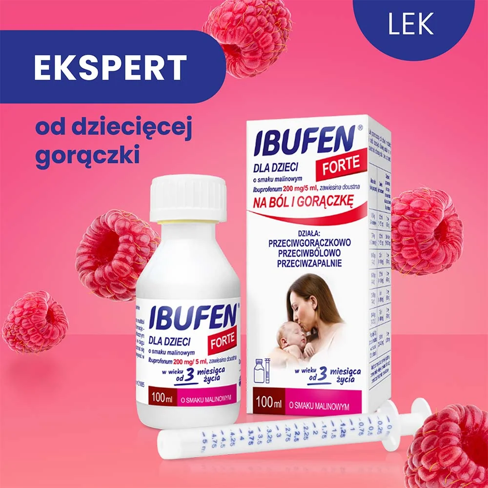 Ibufen dla Dzieci Forte 200mg/5ml, smak malinowy, 100 ml