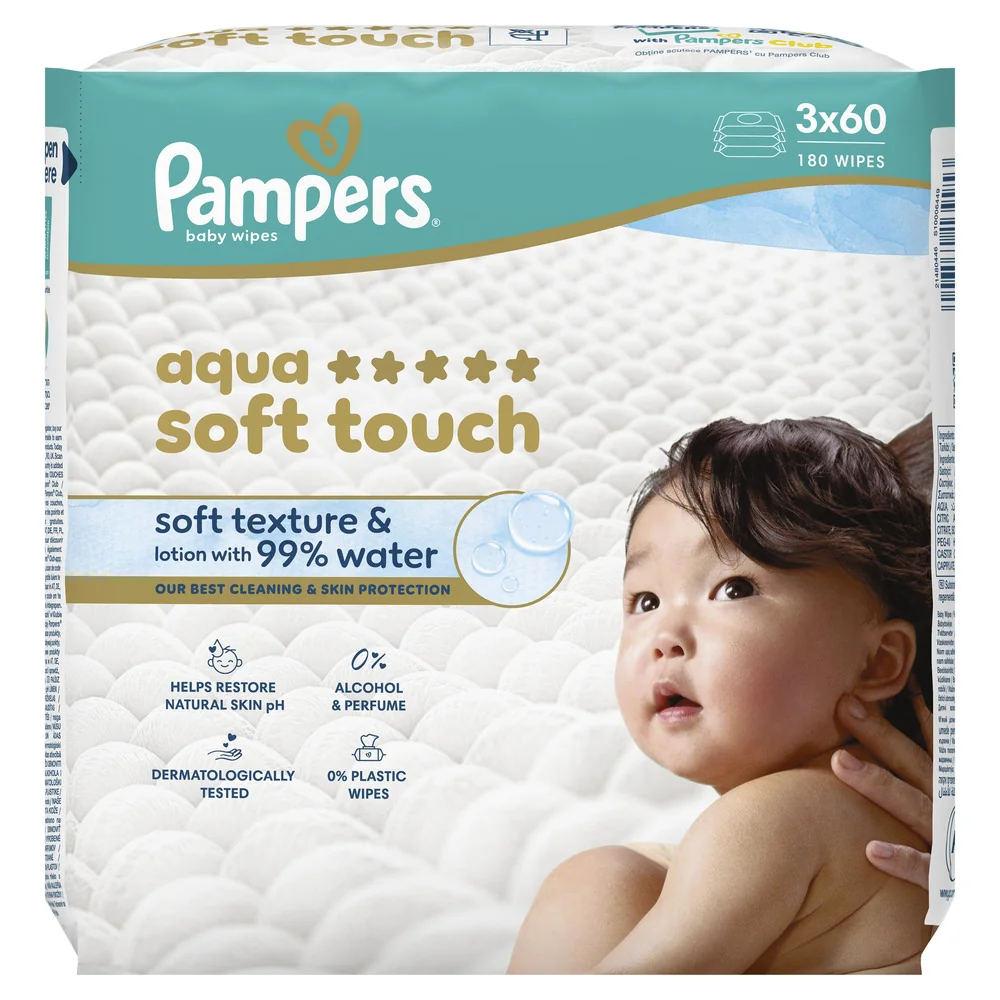 Pampers Aqua Soft Touch chusteczki nawilżane dla dzieci, 3 x 60 sztuk