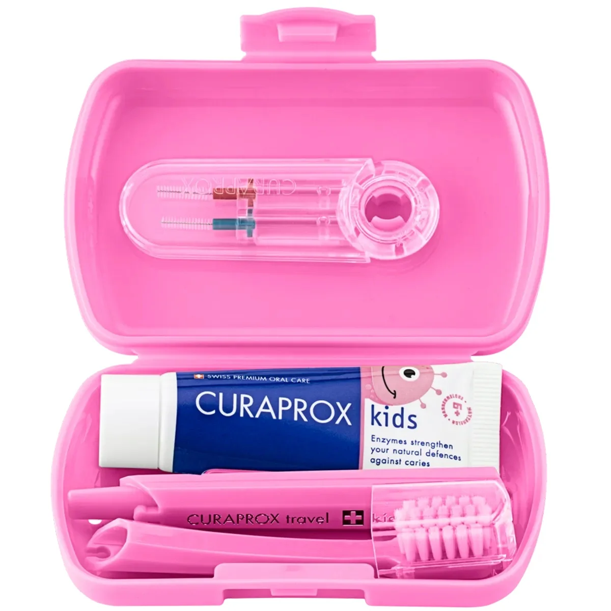 Curaprox Travel Set Kids zestaw podróżny do czyszczenia zębów dla dzieci 6-12 lat różowy