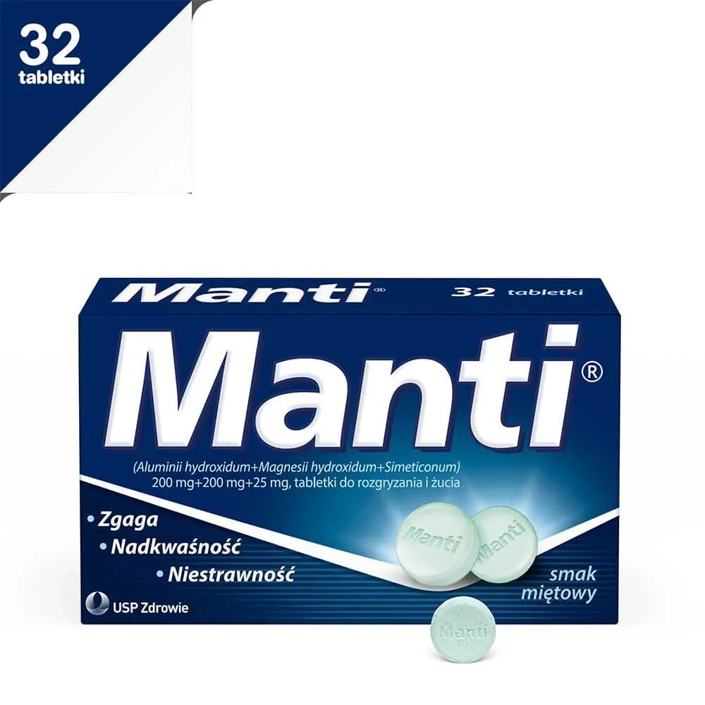 Manti - lek na zgagę, nadkwaśność i niestrawność, smak miętowy, 32 tabletki