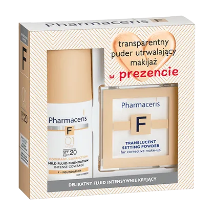 Pharmaceris F zestaw, fluid intensywnie kryjący 01 Ivory, 30 ml + puder transparentny, 6 g