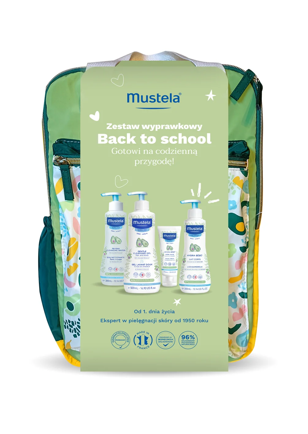 Mustela Zestaw Wyprawkowy Back To School Delikatny żel do mycia, 500 ml + Hydra Bebe mleczko do ciała, 300 ml + Hydra Bebe krem do twarzy, 40 ml + Woda oczyszczająca bez spłukiwania, 300 ml + Wygodny Plecak, 1 sztuka
