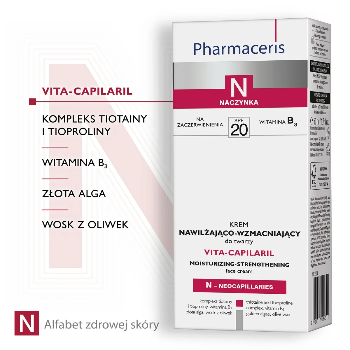 Pharmaceris N Vita-Capilaril SPF 20, krem nawilżająco-wzmacniający do twarzy SPF20, 50 ml