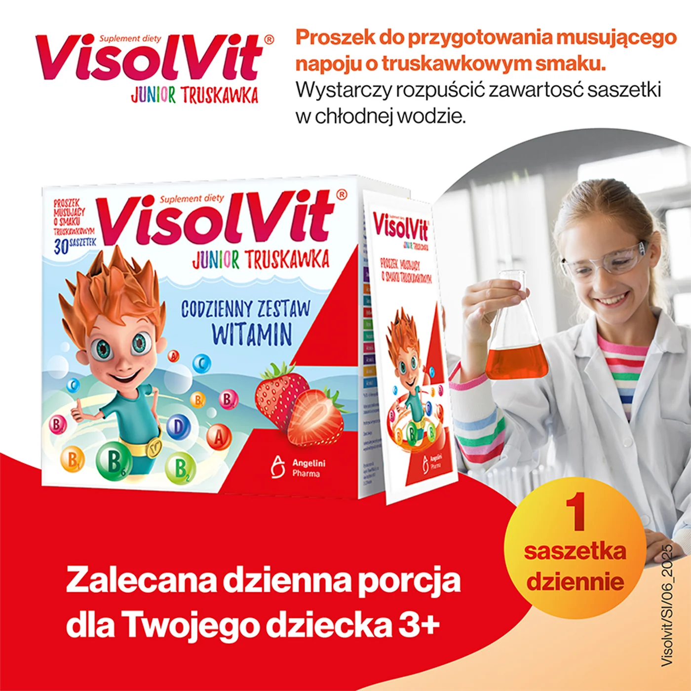 Visolvit Junior 30 saszetek z proszkiem musującym o smaku truskawkowym