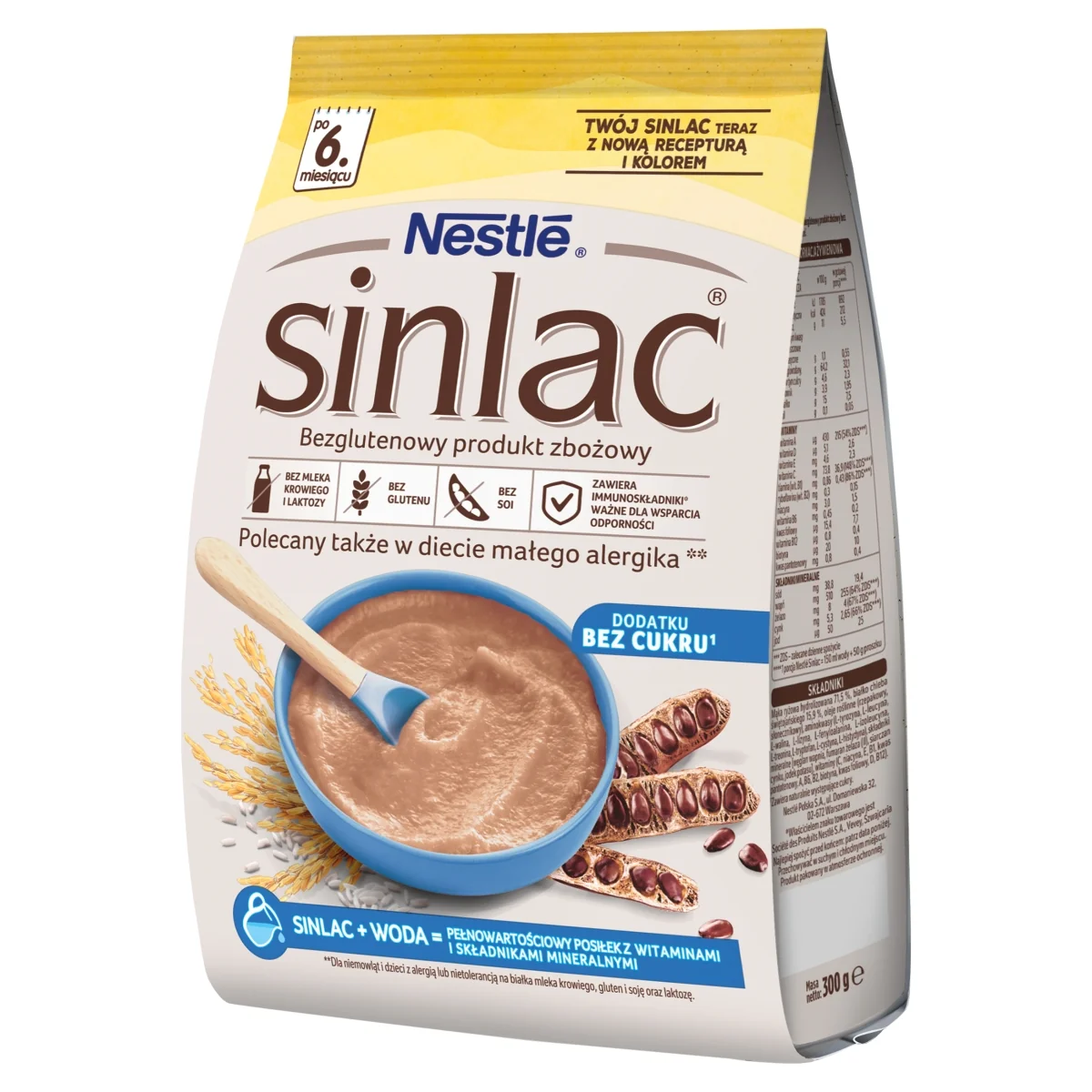 Nestlé Sinlac bezglutenowy produkt zbożowy bez dodatku cukru, po 6 miesiącu, 300 g