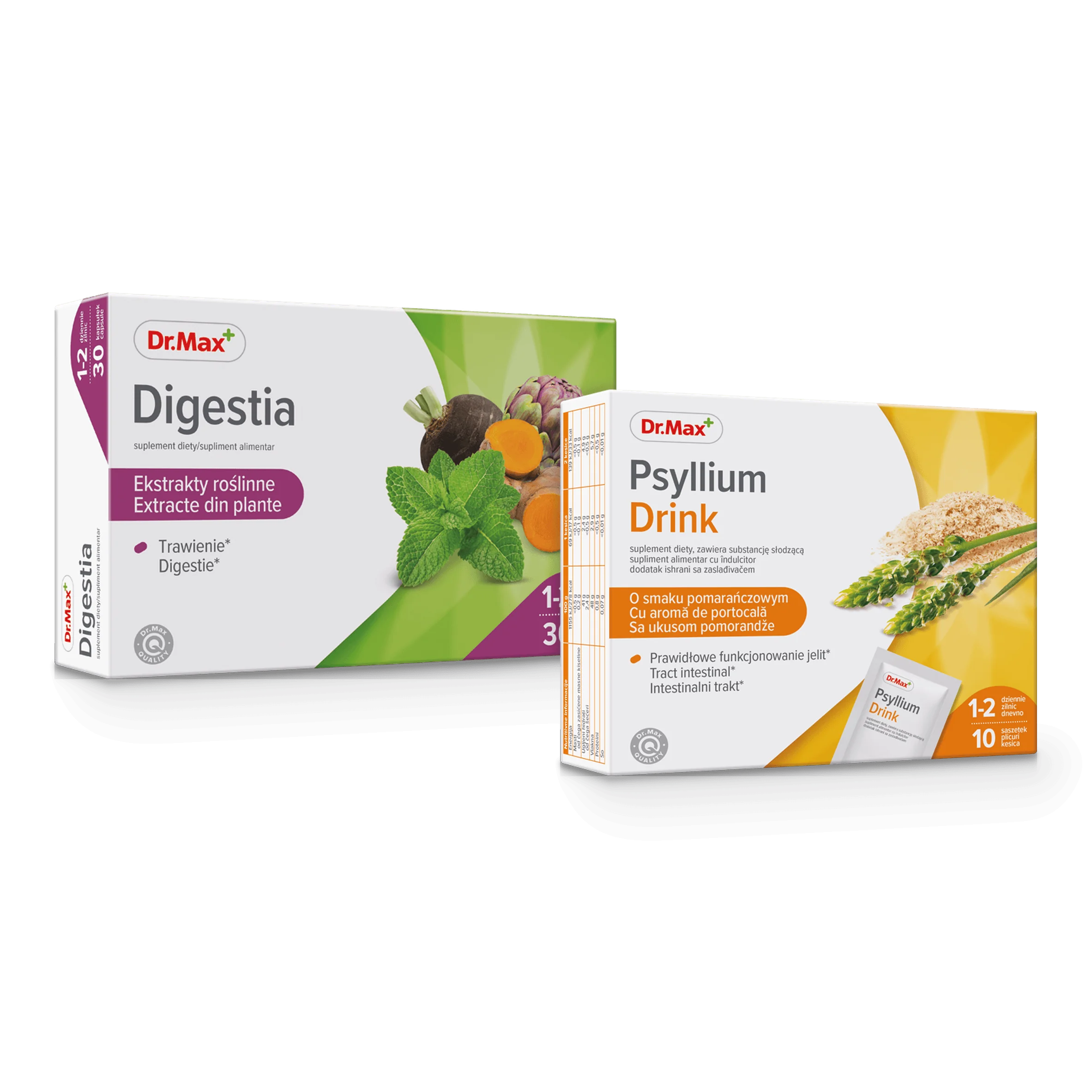 Komplet troski o trawienie Digestia Dr. Max 30 kapsułek + Psyllium drink Dr. Max 10 saszetek