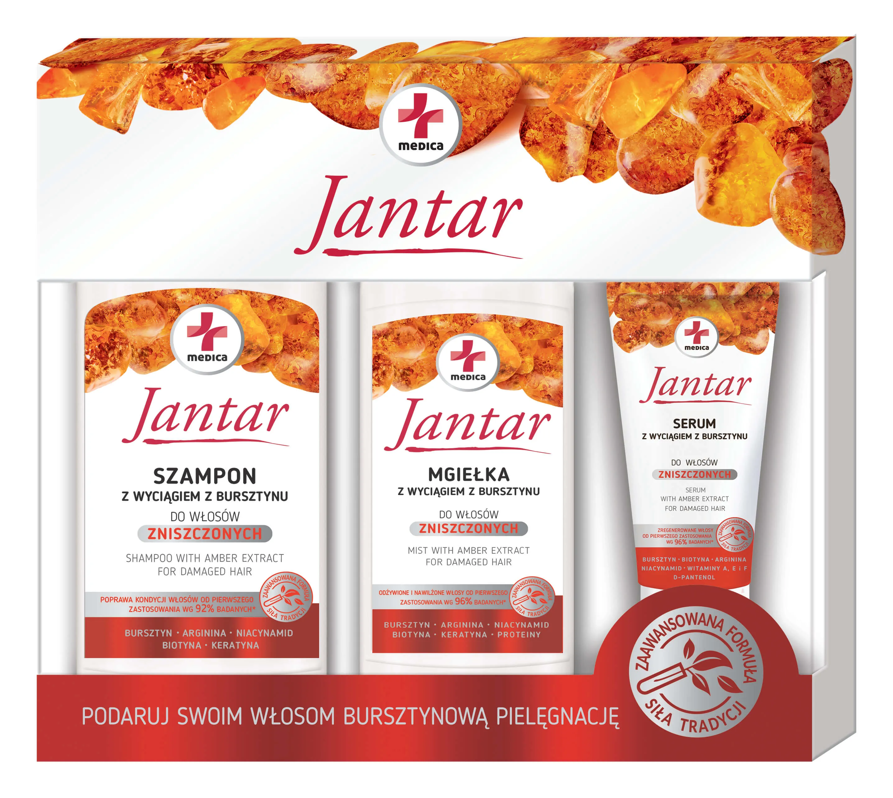 Jantar Medica zestaw, szampon do włosów, 330 ml + mgiełka, 200 ml + serum, 30 ml