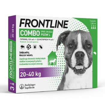 Frontline Combo L (268 mg + 241,20 mg)/2,68 ml, roztwór do nakrapiania dla psów 20-40 kg, 3 x 2,68 ml. Data ważności: 31.07.2026