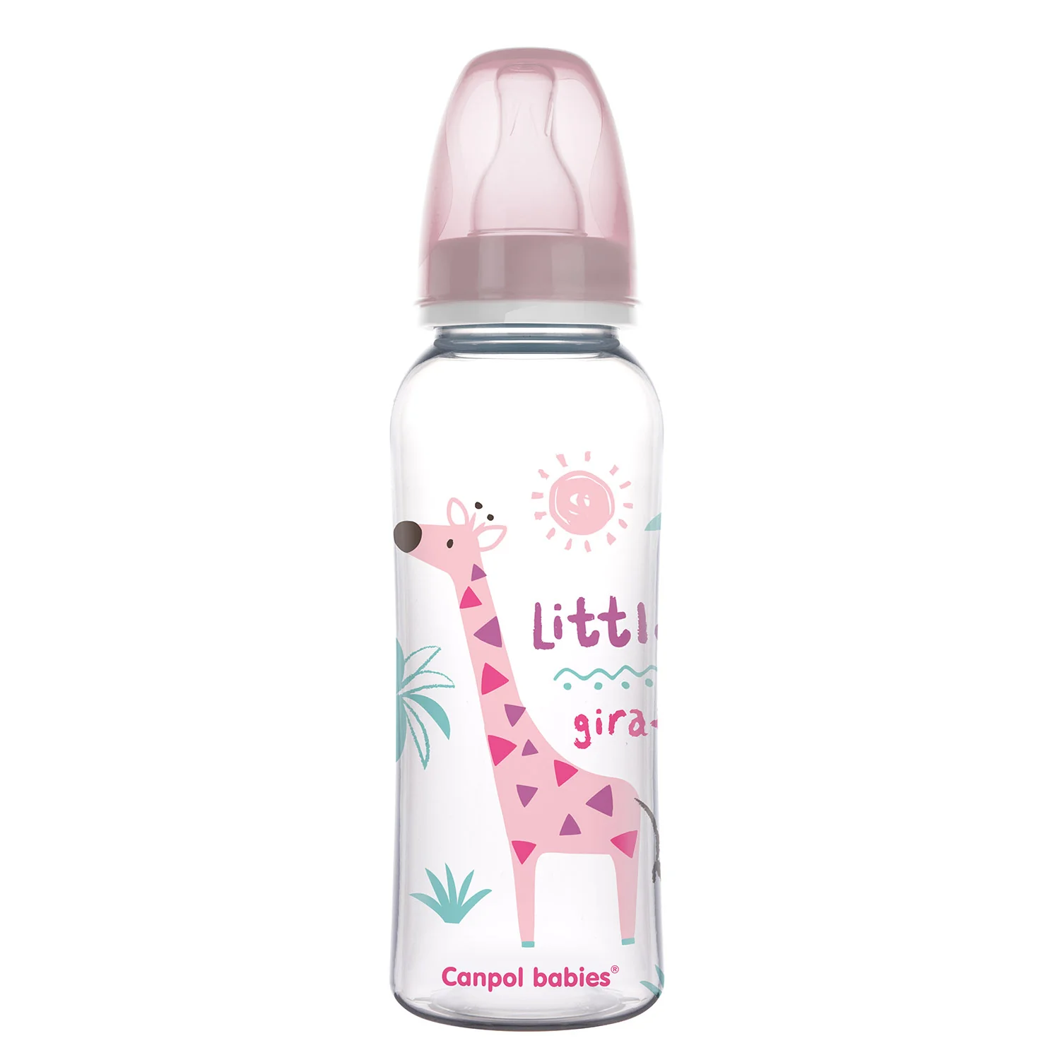 Canpol Babies Africa Little Giraffe różowa wąska butelka 250 ml, 1 sztuka