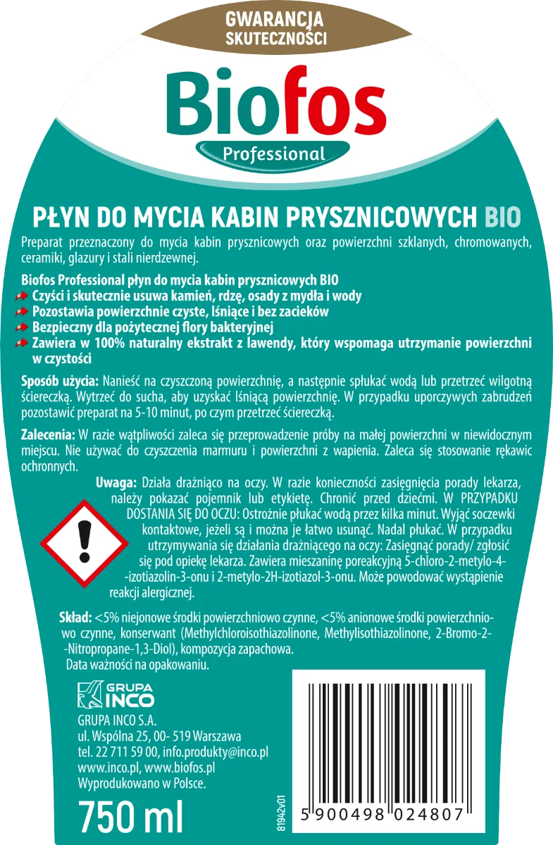 Biofos Professional płyn do mycia kabin prysznicowych BIO, 750 ml
