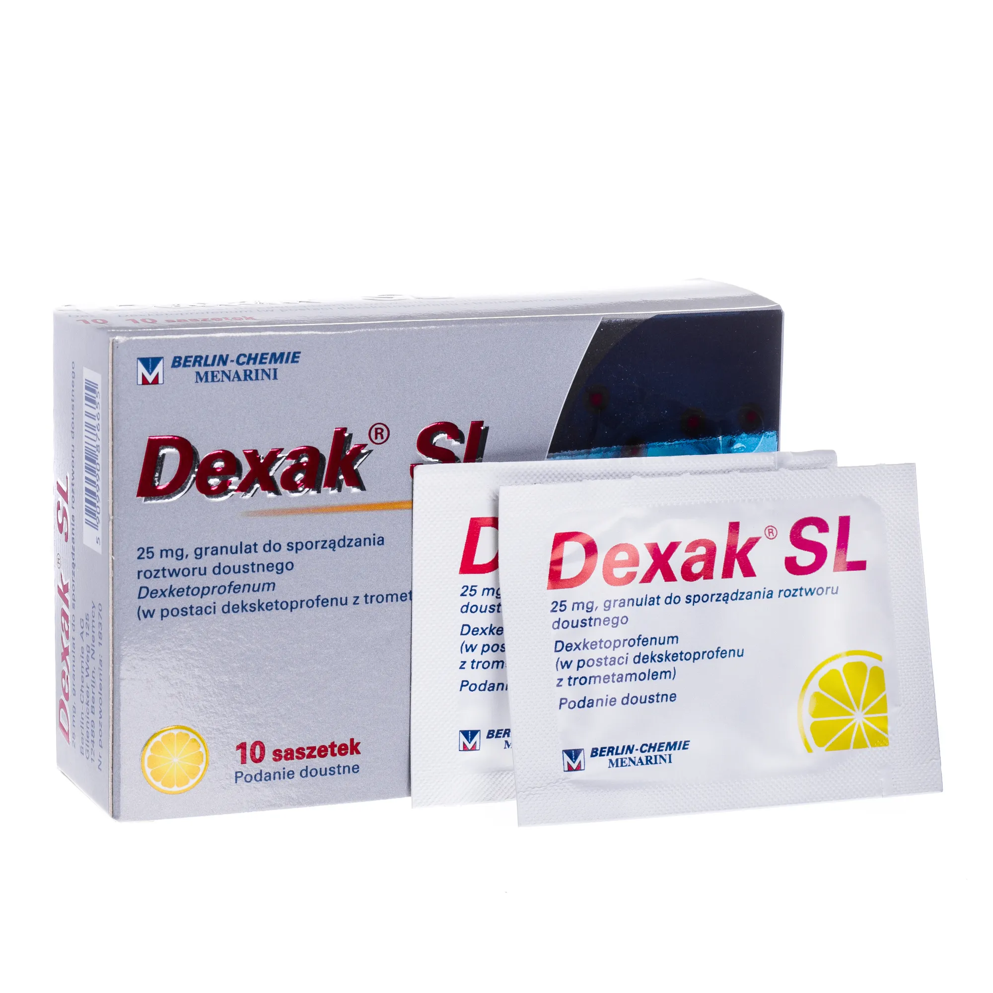 Dexak SL, 25 mg, lek stosowany u dorosłych przy bólach łagodnym i umiarkowanym nasileniu, 10 saszetek