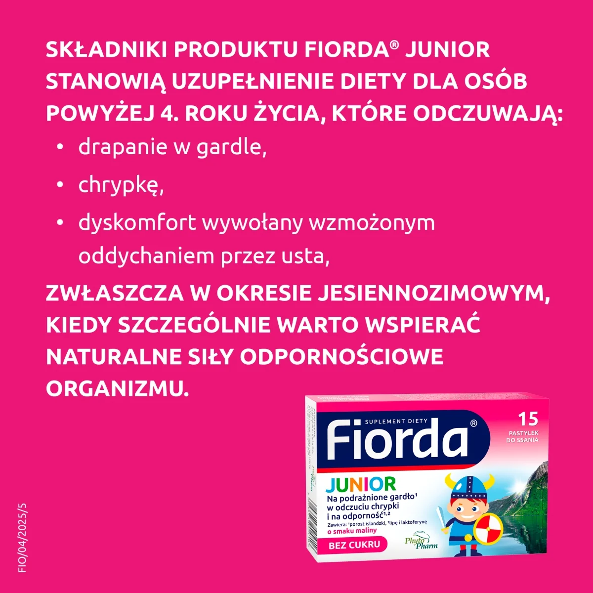 Fiorda Junior pastylki do ssania o smaku malinowym, 15 sztuk