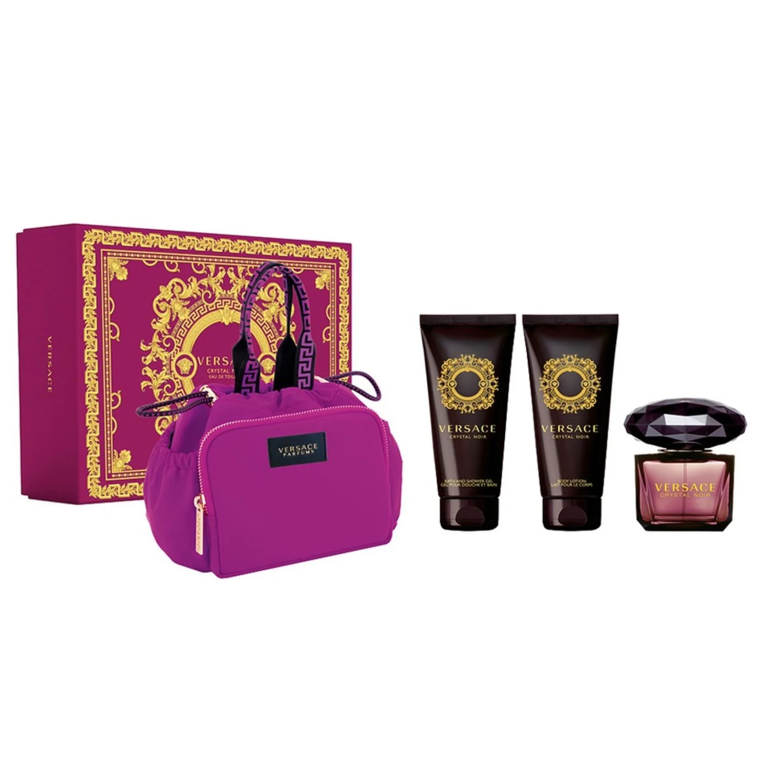 Versace Crystal Noir zestaw w kosmetyczce woda toaletowa, 90 ml + balsam do ciała, 100 ml + żel pod prysznic, 100 ml