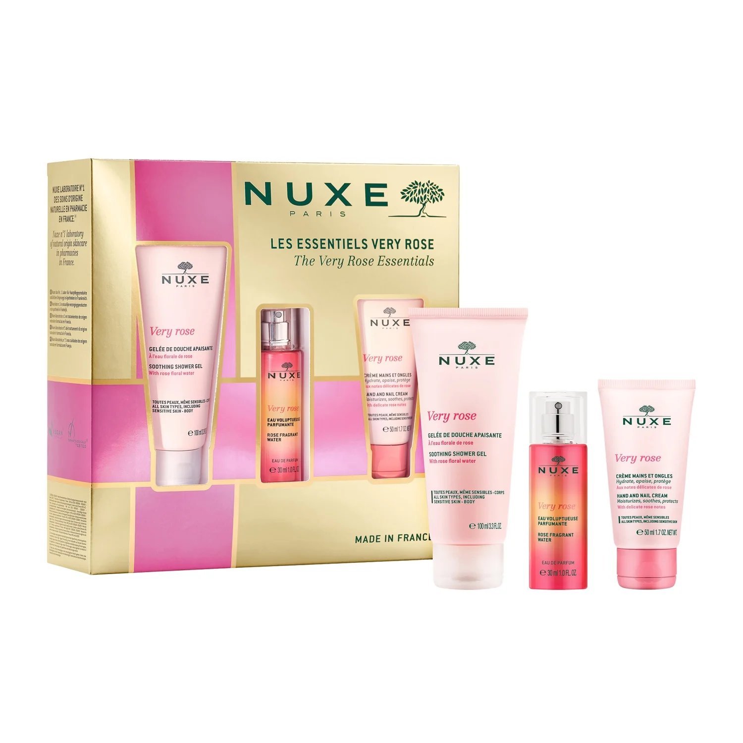 Nuxe Very Rose różany krem do rąk i paznokci, 50 ml + różany żel pod prysznic, 100 ml + różana woda perfumowana, 30 ml