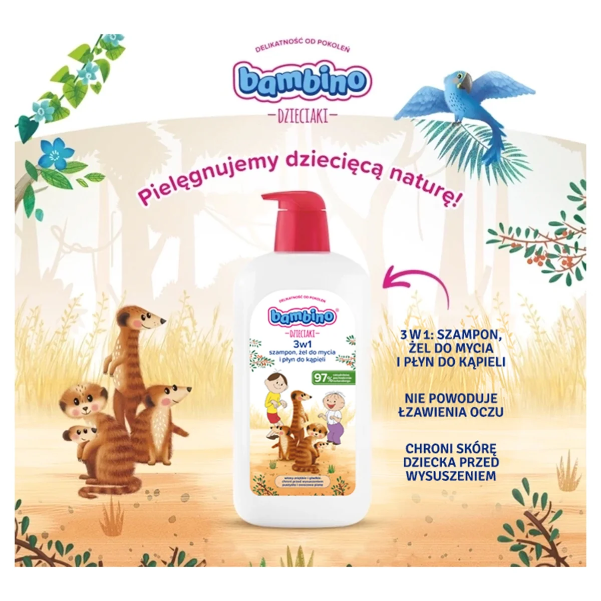 Bambino Dzieciaki Surykatki 3w1 szampon, żel pod prysznic i płyn do kąpieli, 1000 ml