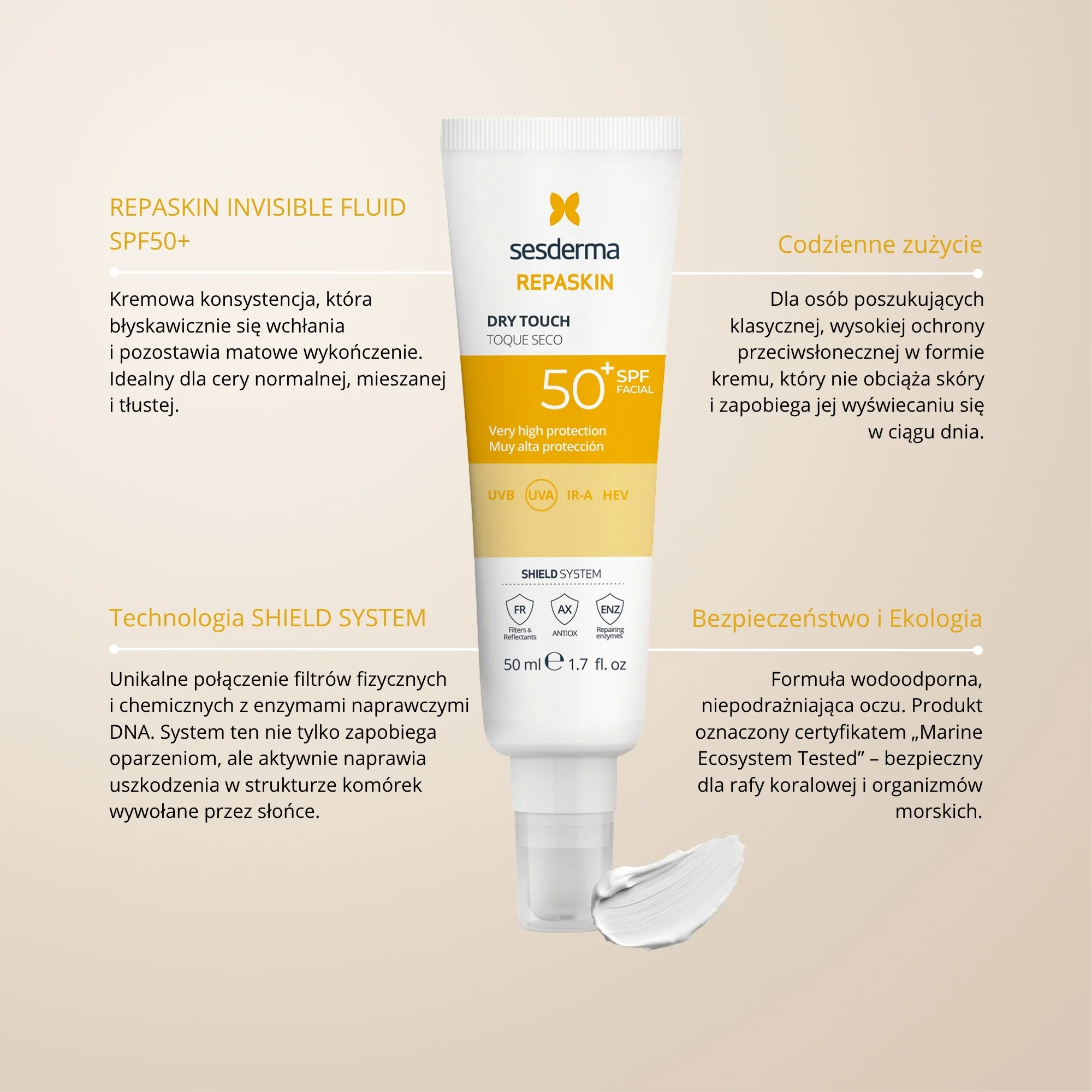 Sesderma Repaskin Dry Touch nawilżający krem ochronny SPF 50, 50 ml