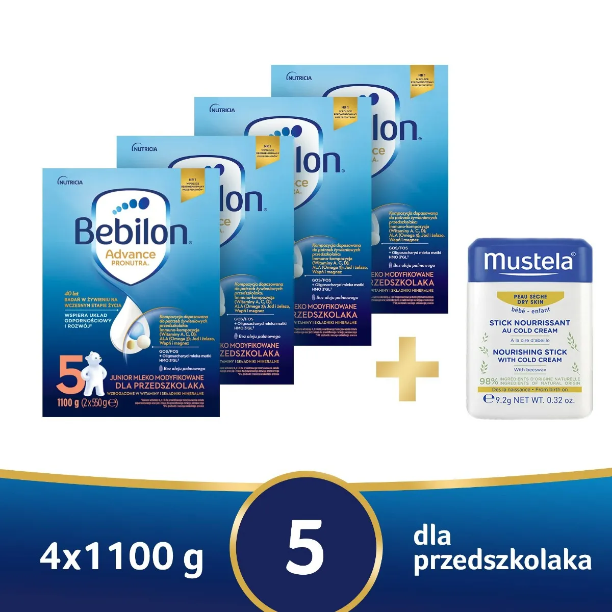 Bebilon 5 Pronutra Advance, mleko modyfikowane dla przedszkolaka, 4 x 1100 g + Mustela Bebe, sztyft ochronny z Cold Cream, 9,2 g