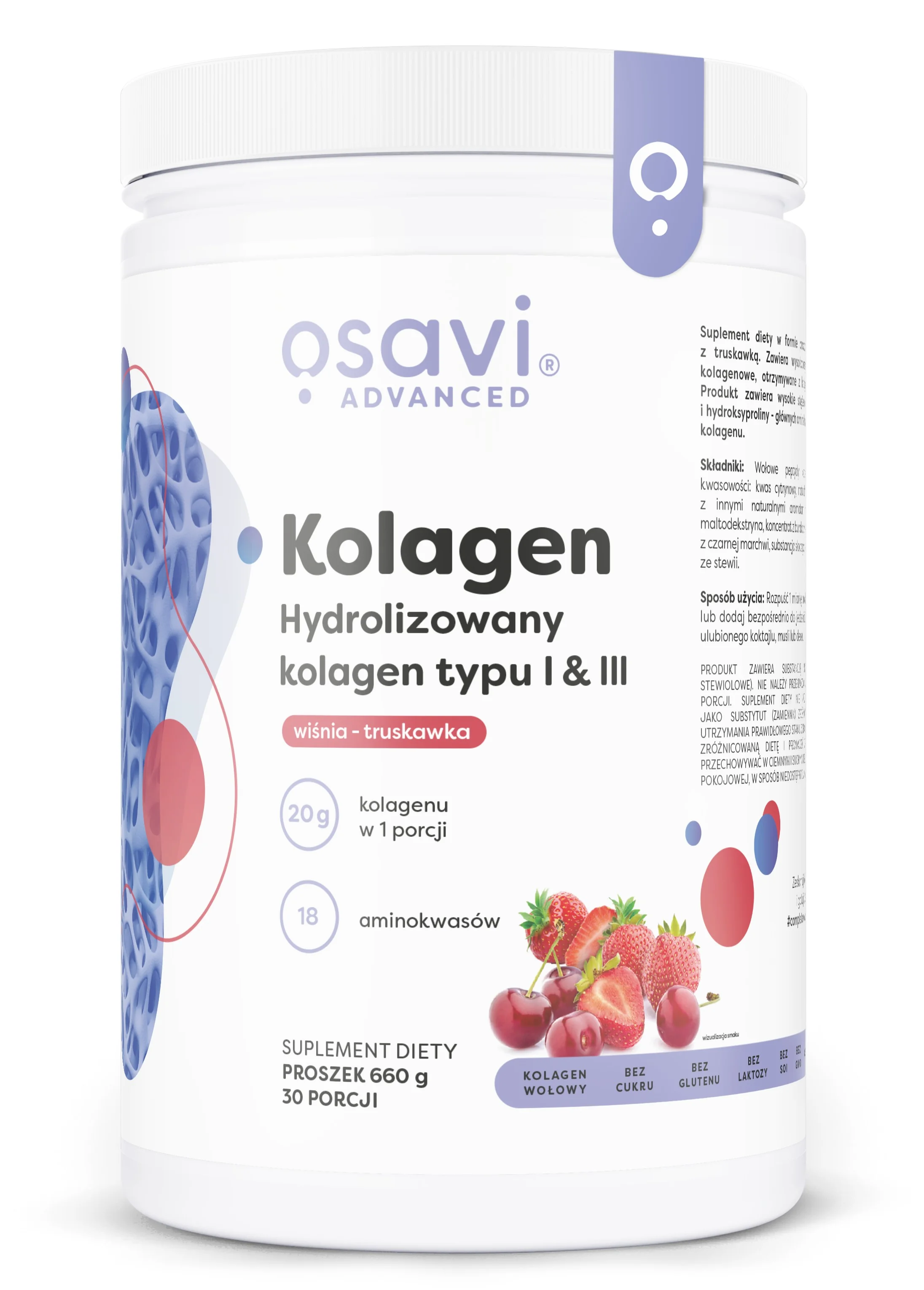 Osavi Kolagen Hydrolizowany kolagen typu I & III wiśnia-truskawka, proszek, 660 g