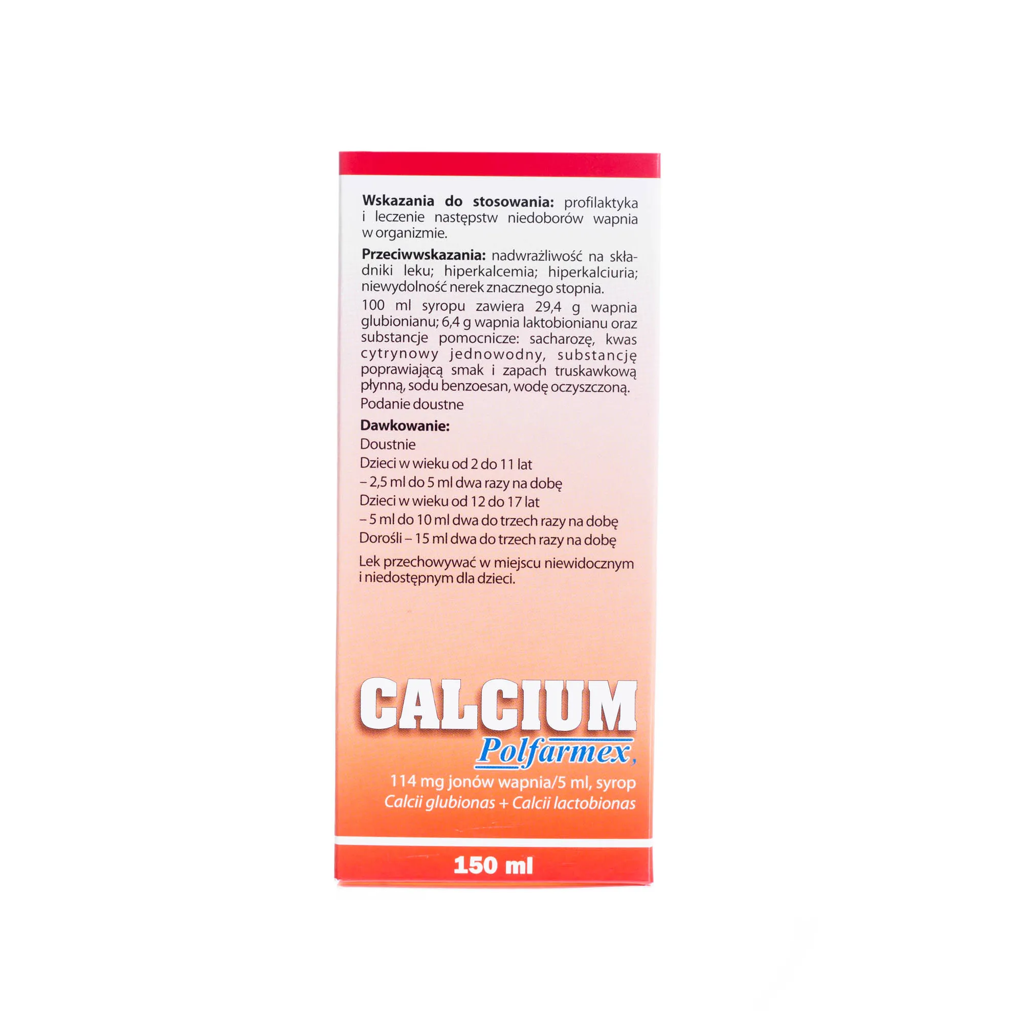 Calcium Polfarmex - syrop do leczenia następstw niedoborów wapnia w organizmie o smaku truskawkowym, 150 ml 