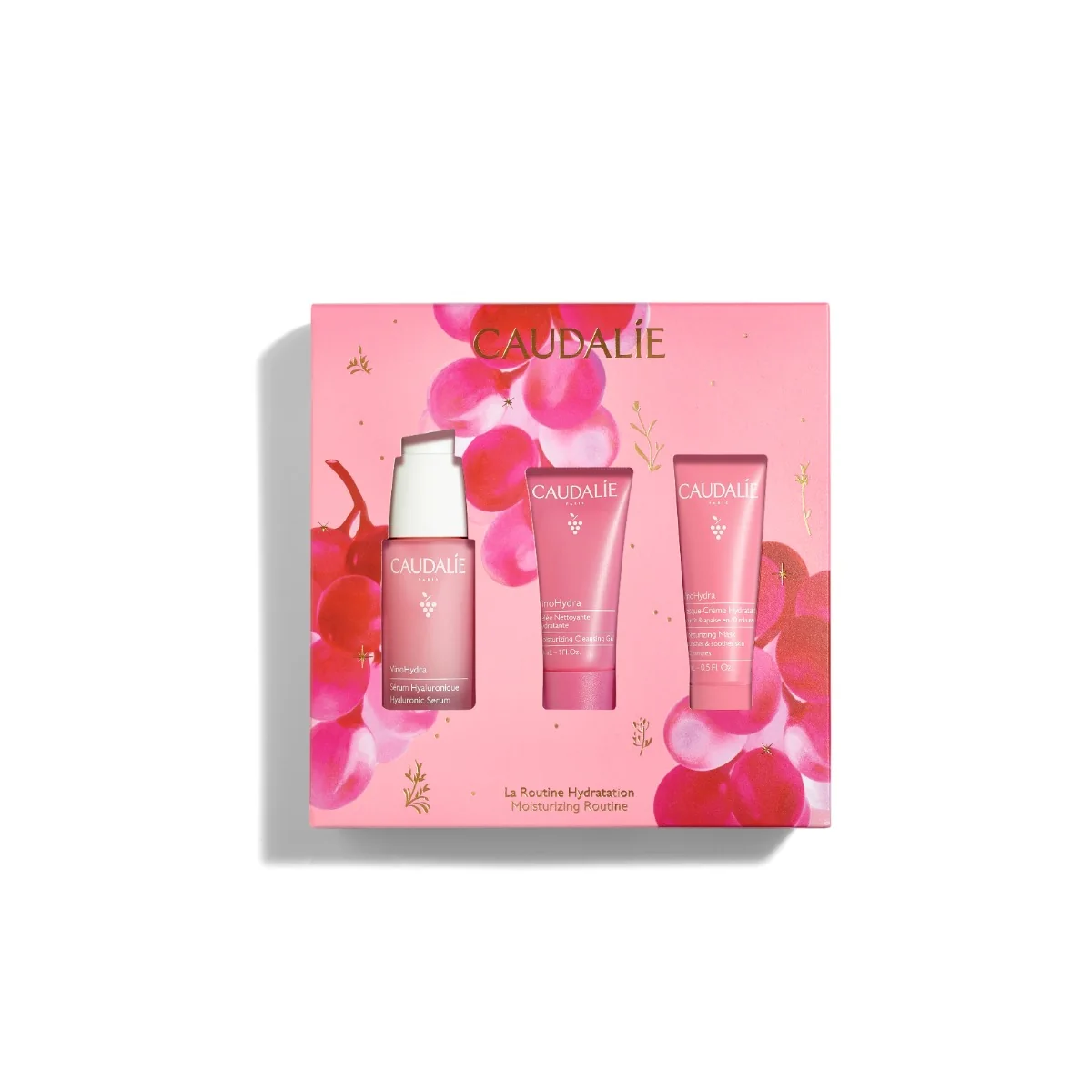 Caudalie Zestaw Hydratation VinoHydra serum z kwasem hialuronowym, 30 ml + nawilżający żel myjący, 30 ml + kremowa maseczka nawilżająca, 15 ml